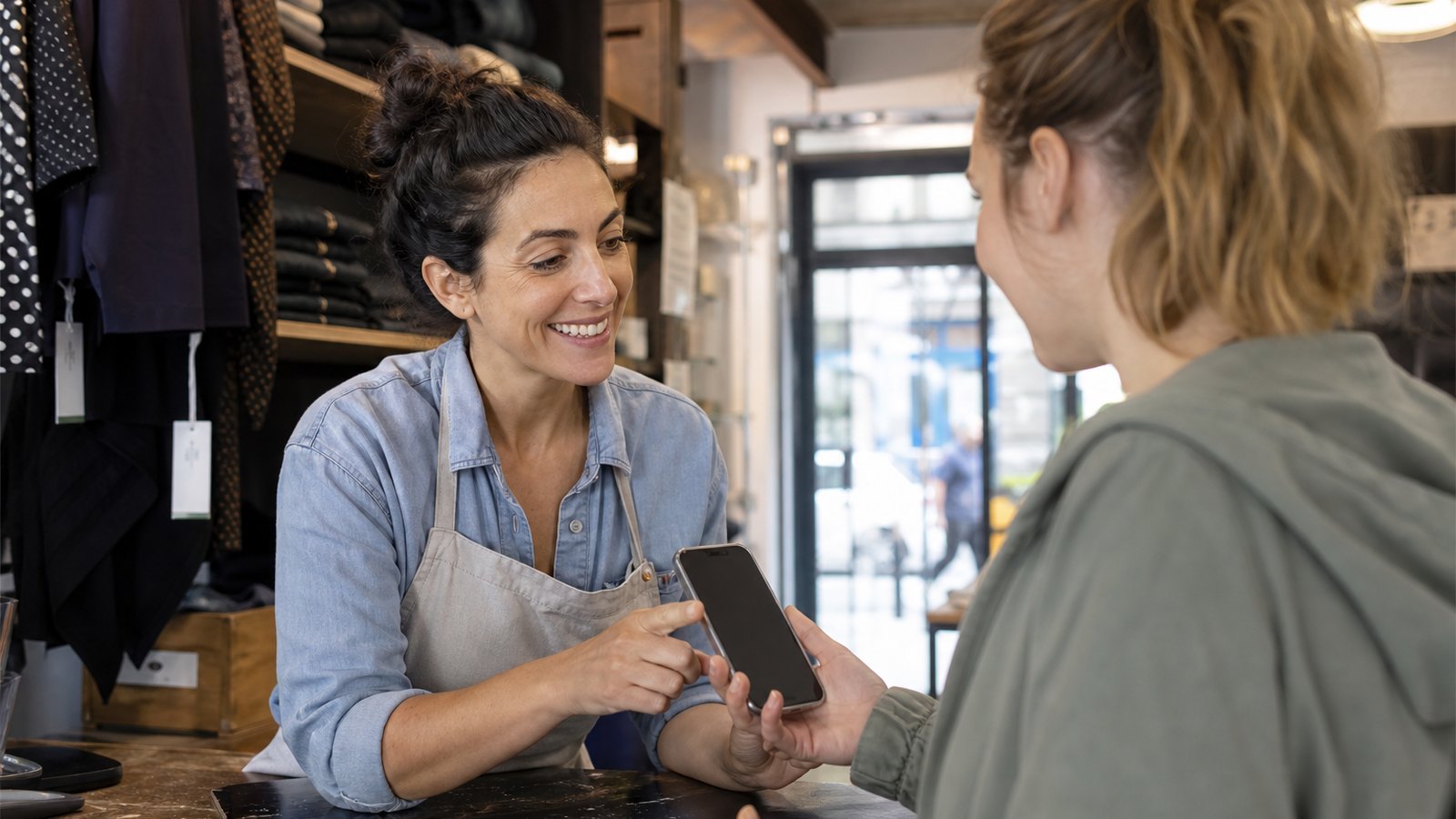Commerçant qui présente son programme de fidélité à un client