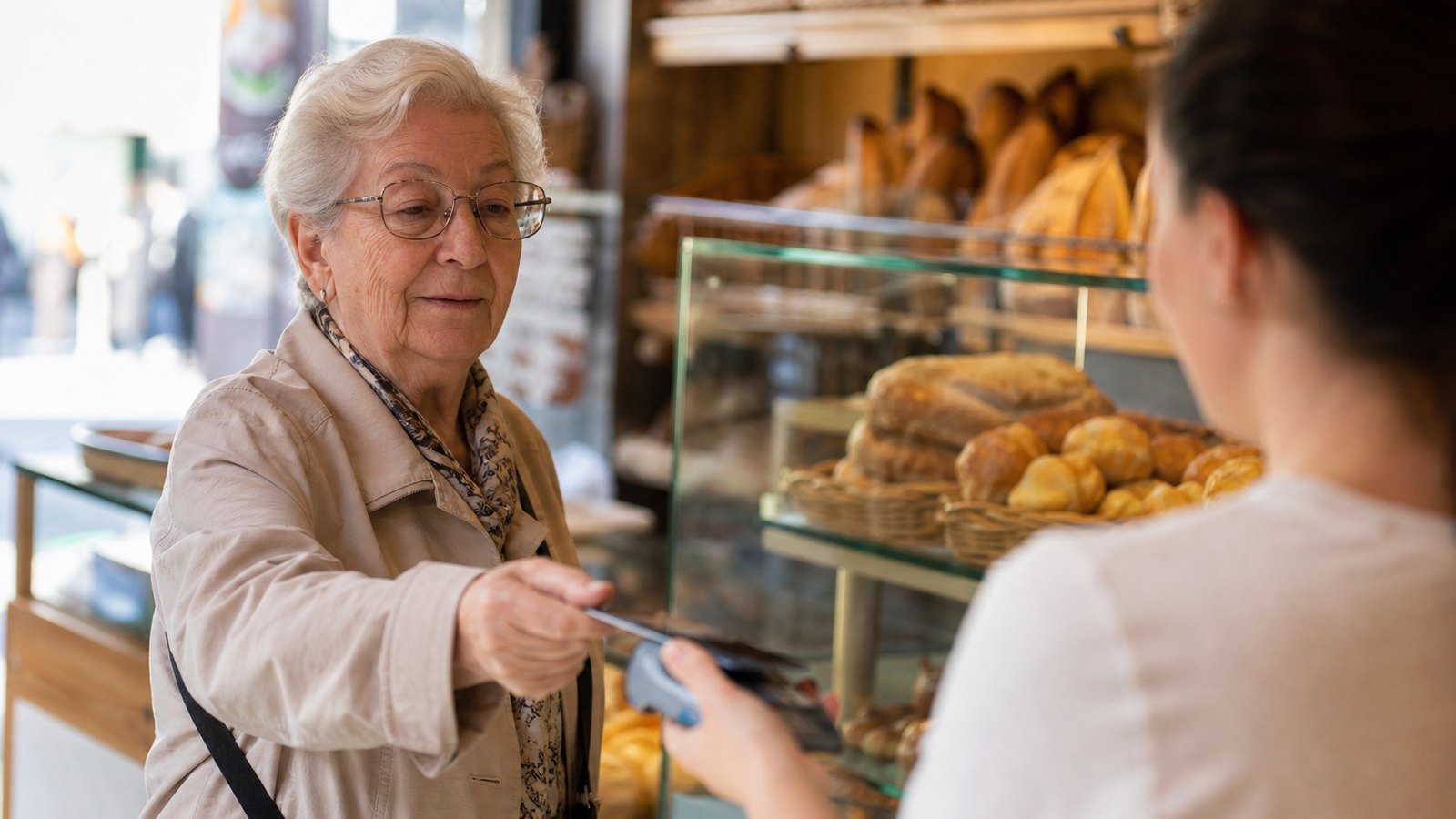 Client âgé accueilli dans un commerce de proximité